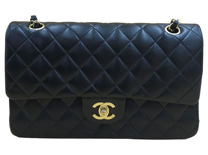 Chanel Borsa Classic Medium Flap in pelle d'agnello con catena dorata Nero - vista 2