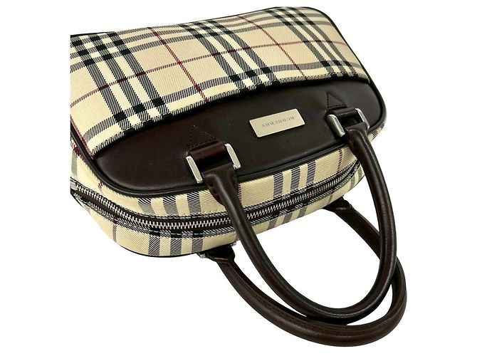Borsa Boston Burberry in tela e pelle beige e marrone - vista 4