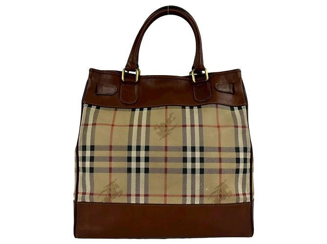 Burberry Nova Check Shadow Horse Pattern Leder Tote Bag Braun Beige - Ansicht 3