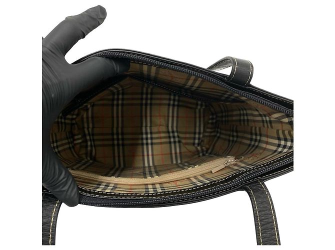 Burberry Vintage Logo Hardware Nova Check Leder Tote Bag Schwarz - Ansicht 9