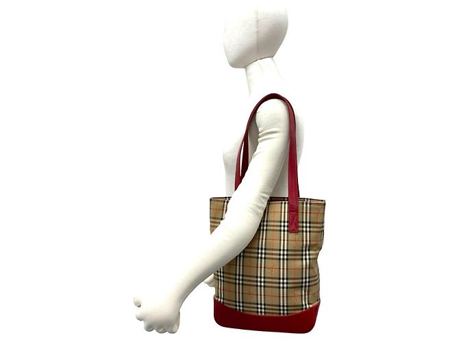 Saco Tote Burberry Nova Check Shadow Horse em lona e couro Vermelho Bege - vista 2