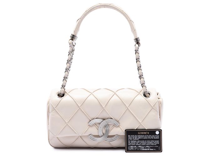 Chanel White CC Double Stitch Lambskin Single Flap Weiß Roh - Ansicht 7