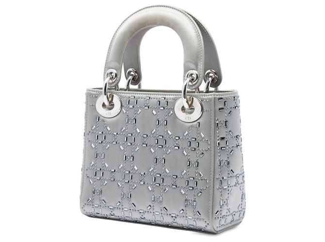 Autre Marque Mini Lady Dior in raso grigio con cannage e cristalli Dior Marrone - vista 2