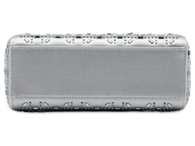 Autre Marque Mini Lady Dior in raso grigio con cannage e cristalli Dior Marrone - vista 3