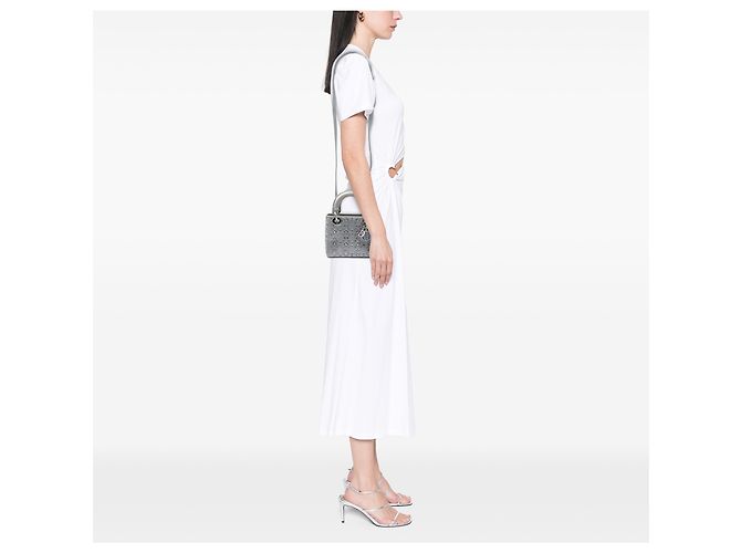 Autre Marque Mini Lady Dior in raso grigio con cannage e cristalli Dior Marrone - vista 5