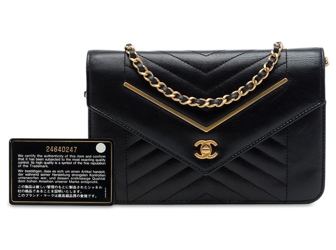 Wallet On Chain Portafoglio Chanel con catena in pelle d'agnello nera matelassé chevron invertito Nero - vista 7