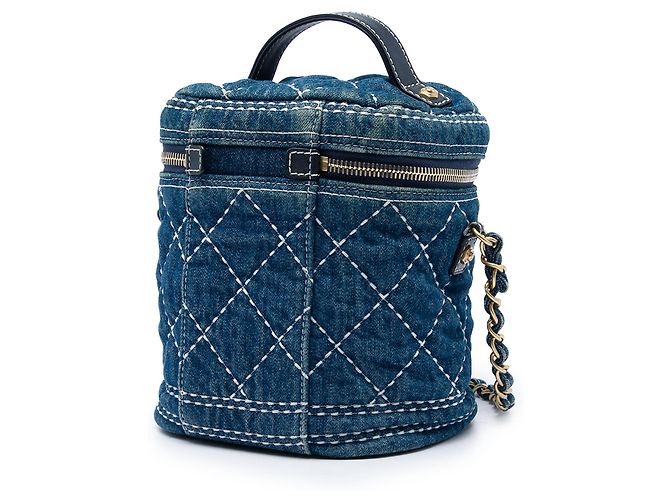 Vanity Necessaire Chanel Blue CC Quilted Denim Trip con catena - vista 2