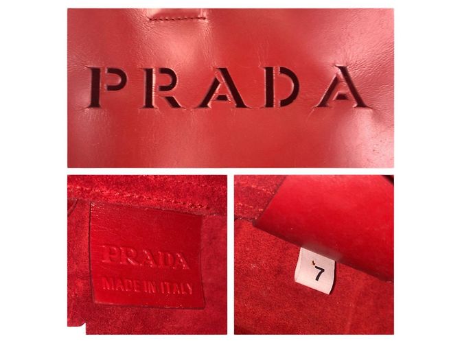 Prada Perforated Leather Suede Tote Red - view 4