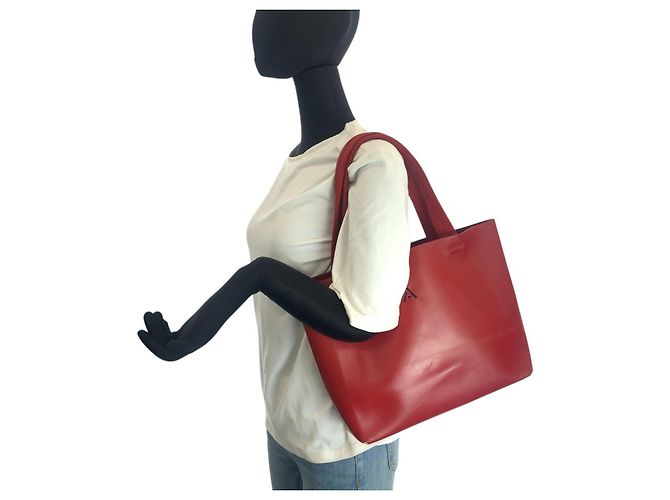 Prada Perforated Leather Suede Tote Red - view 7