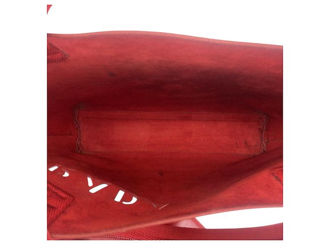 Prada Perforated Leather Suede Tote Red - view 9
