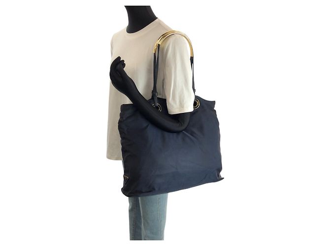 Borsa Tote Prada Tessuto con logo triangolare Blu - vista 7