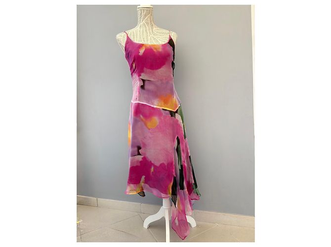Autre Marque Completo in seta abito e giacca stampa floreale Gérard Pasquier Rosa Multicolore Verde Porpora Giallo - vista 2