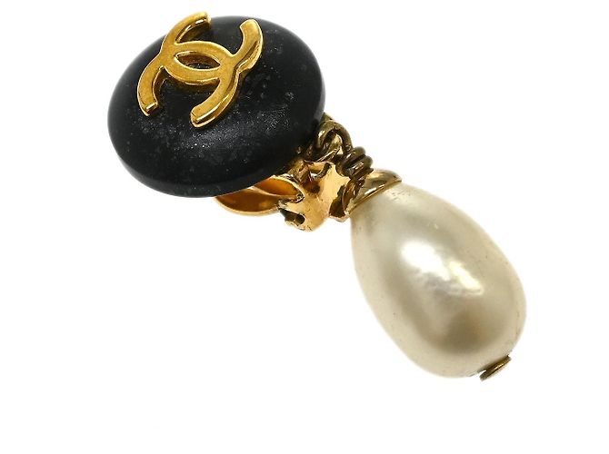 Orecchini a clip Chanel Vintage Round CC Dangle in metallo con perle sintetiche D'oro - vista 3