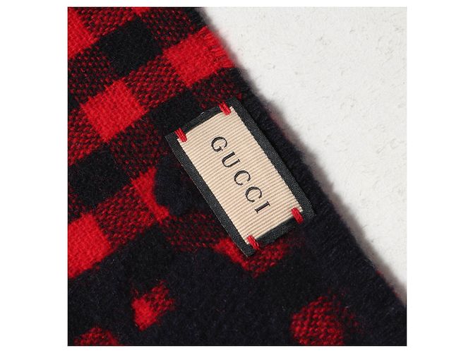 Gucci GG Jacquard Block Check Wollstrick-Schal Schwarz Rot - Ansicht 2
