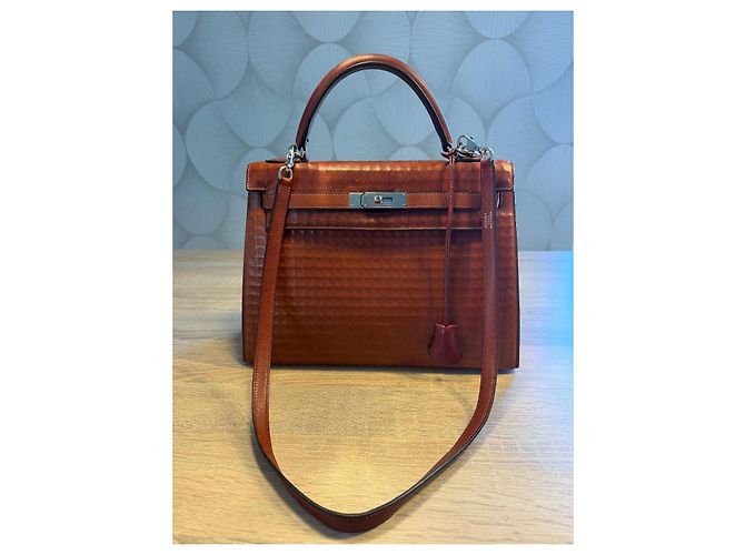 Hermès Kelly 32 Sellier borsa a mano pelle Waffle Marrone - vista 3