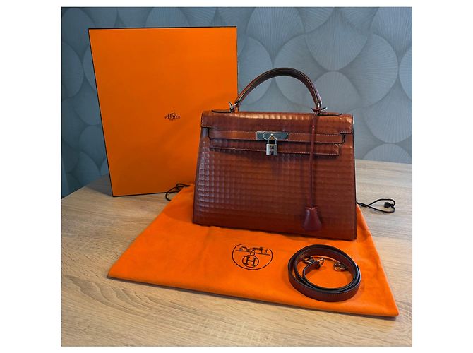 Hermès Kelly 32 Sellier borsa a mano pelle Waffle Marrone - vista 2
