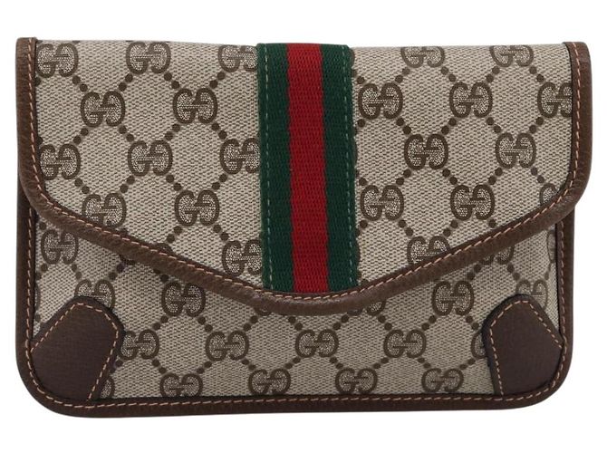 Pochette GUCCI GG Supreme Web Sherry Line PVC Beige Auth 201201A - vista 2