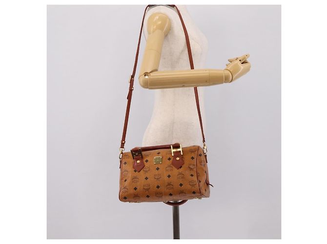 Borsa MCM Logogram Vicetos Boston Bag PVC Leather 2way Brown Gold Auth 203004 Marrone D'oro - vista 25