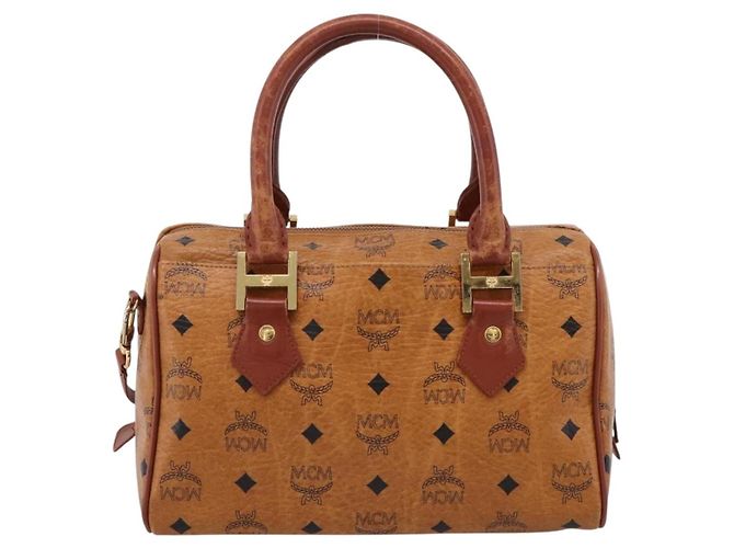 Borsa MCM Logogram Vicetos Boston Bag PVC Leather 2way Brown Gold Auth 203004 Marrone D'oro - vista 3