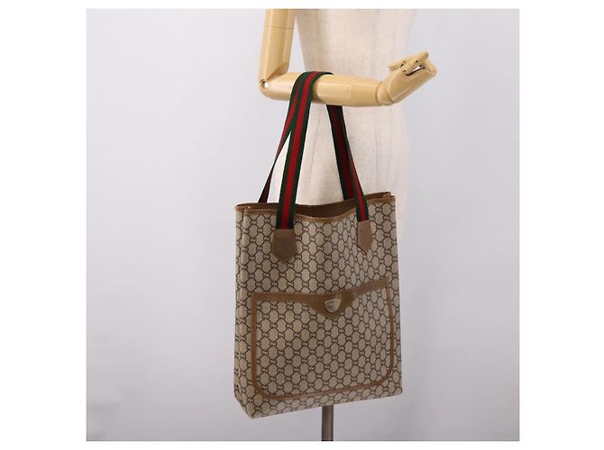 Borsa Tote GUCCI GG Plus Supreme Web Sherry Line PVC Beige Oro Auth 203128 D'oro - vista 19