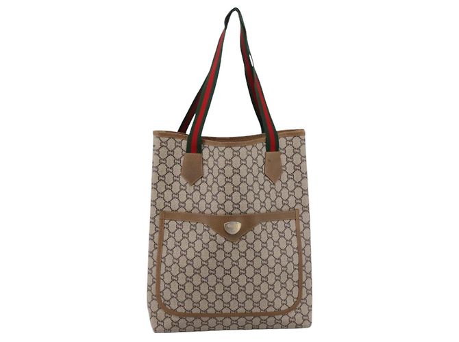 Borsa Tote GUCCI GG Plus Supreme Web Sherry Line PVC Beige Oro Auth 203128 D'oro - vista 2