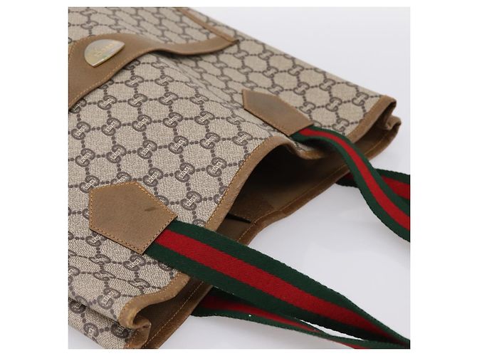 Borsa Tote GUCCI GG Plus Supreme Web Sherry Line PVC Beige Oro Auth 203128 D'oro - vista 6