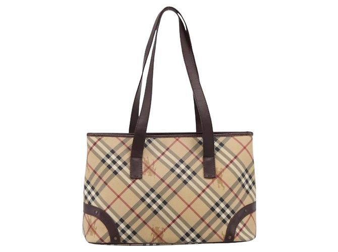 Borsa Tote BURBERRY Nova Check PVC Beige Gold Auth 202693 D'oro - vista 3