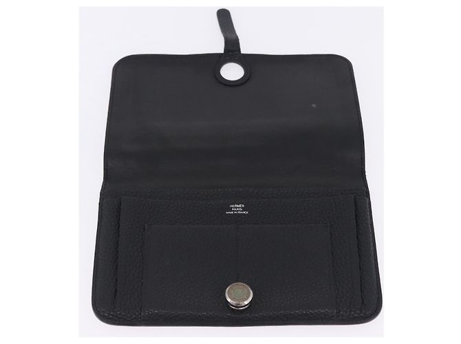 Hermès Portafoglio HERMES Dogon GM in pelle nera argento Auth 203322 Nero - vista 13