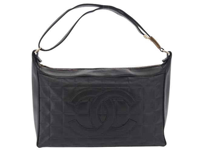 CHANEL Choco Bar Schultertasche aus Lammleder Schwarz Gold CC Auth 200511V Golden - Ansicht 2