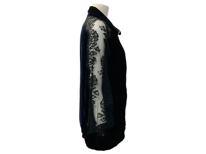 Stella Mc Cartney Veste Bomber Stella McCartney en velours bleu marine avec manches en dentelle - vue 2