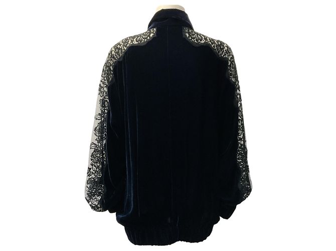 Stella Mc Cartney Veste Bomber Stella McCartney en velours bleu marine avec manches en dentelle - vue 3
