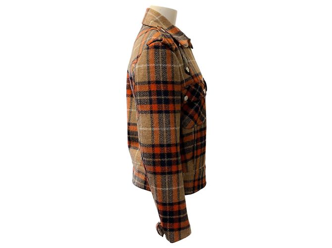Barbara Bui Orange / Navy / Beige Wool Plaid Jacket with Belted Hem - view 2