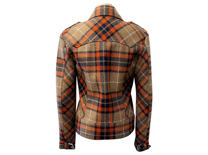 Barbara Bui Orange / Navy / Beige Wool Plaid Jacket with Belted Hem - view 3
