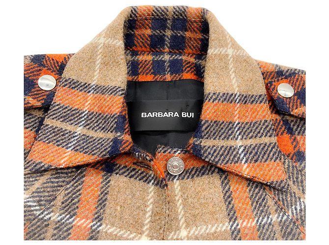 Barbara Bui Orange / Navy / Beige Wool Plaid Jacket with Belted Hem - view 4
