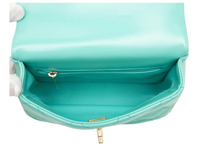 Borsa Chanel Mini Quilted Shiny Lambskin Coco Trip Flap Satchel Blu - vista 4
