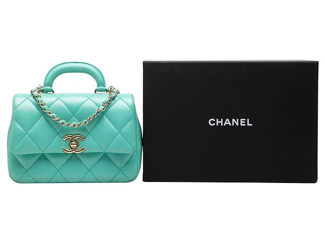 Borsa Chanel Mini Quilted Shiny Lambskin Coco Trip Flap Satchel Blu - vista 7