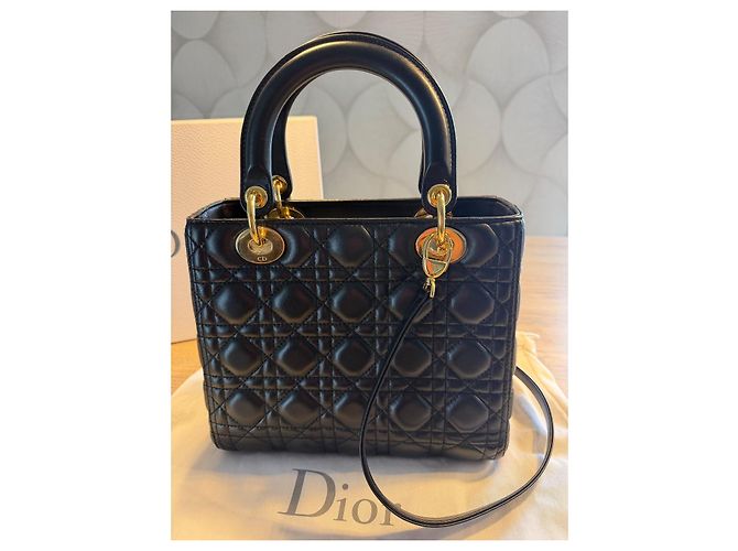 Christian Dior Lady Dior Medium Borsa a Mano in Pelle Nera Nero - vista 3