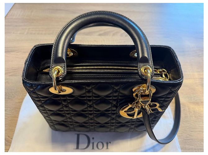 Christian Dior Lady Dior Medium Borsa a Mano in Pelle Nera Nero - vista 8