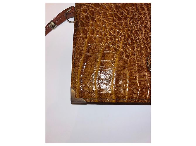 Bolso de mano Christian Dior en cuero grabado cocodrilo con correa Castaño Caramelo - vista 5