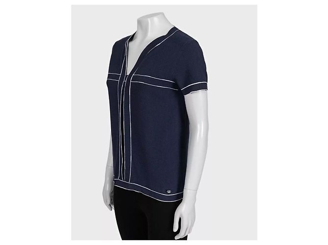 Camiseta de algodón azul CHANEL con ribete contrastado blanco Sz.38 de segunda mano - vista 2