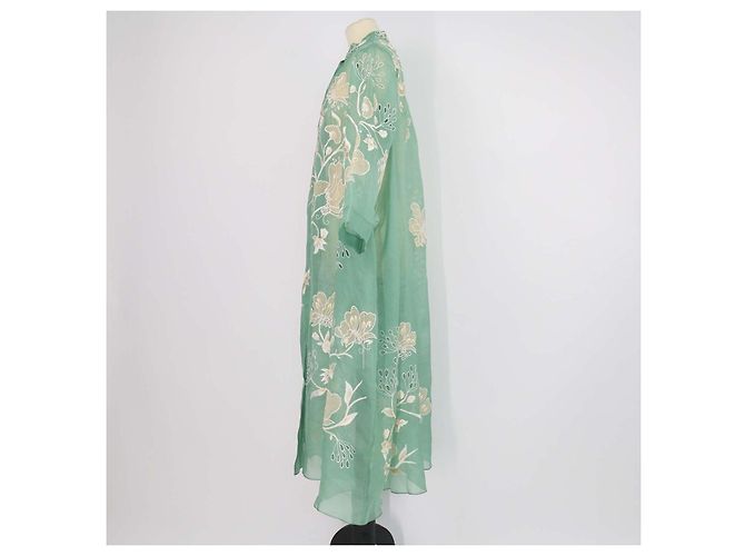 Abito maxi Biyan in mesh verde con ricami floreali - vista 2