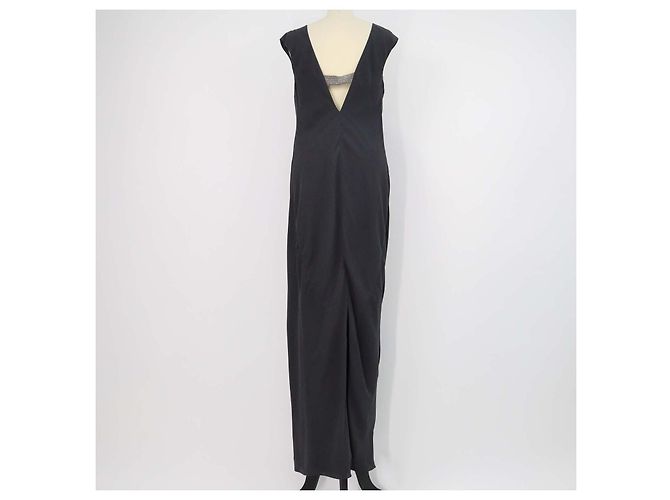 Vestido maxi sem mangas Brunello Cucinelli cinza escuro em seda com alças peroladas Azul marinho - vista 3