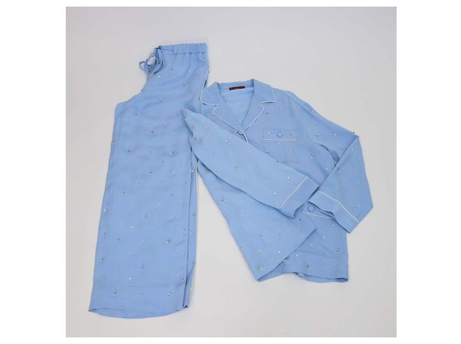 Set Camicia a Maniche Lunghe e Pantaloni Gucci in Misto Seta Blu con Perline di Cristallo - vista 2