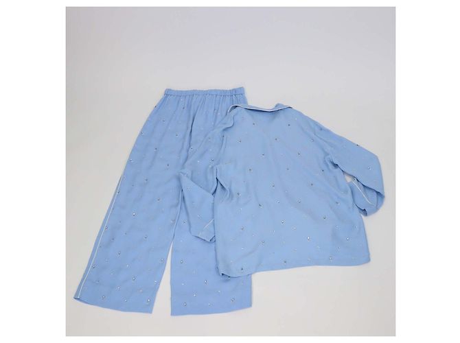 Set Camicia a Maniche Lunghe e Pantaloni Gucci in Misto Seta Blu con Perline di Cristallo - vista 3