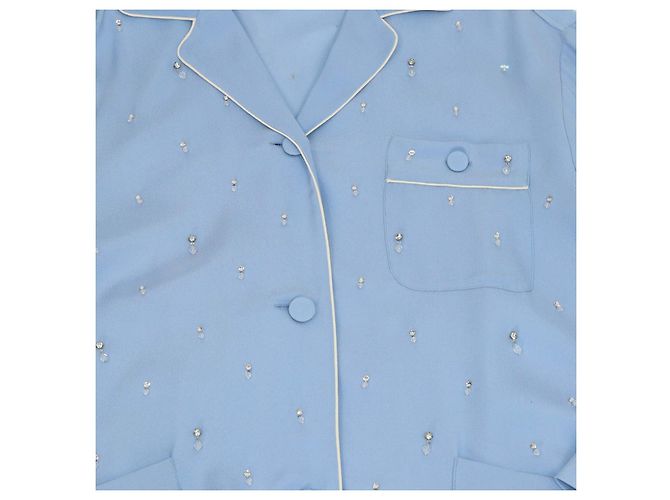 Set Camicia a Maniche Lunghe e Pantaloni Gucci in Misto Seta Blu con Perline di Cristallo - vista 5