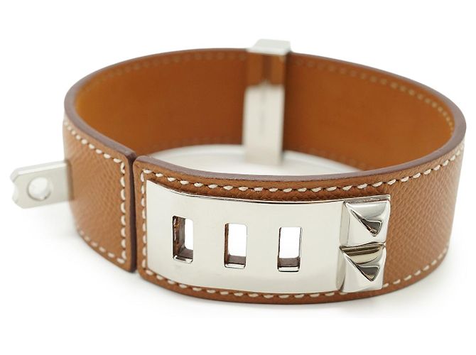 Hermès Bracciale Hermes Collier de Chien 24 in pelle Tan T3 metallo argentato Beige - vista 3