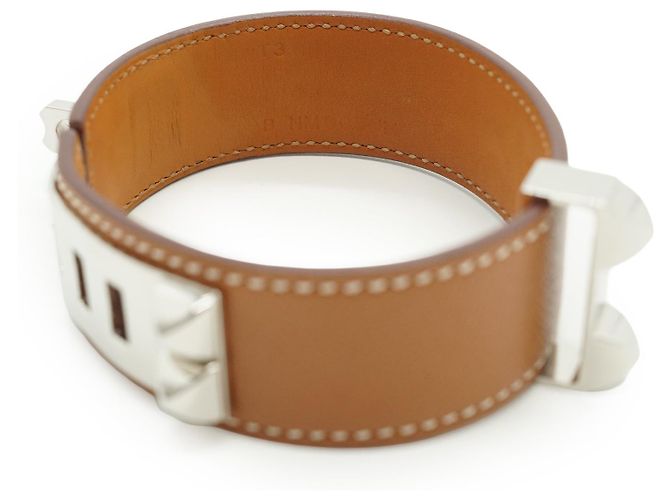 Hermès Bracciale Hermes Collier de Chien 24 in pelle Tan T3 metallo argentato Beige - vista 4
