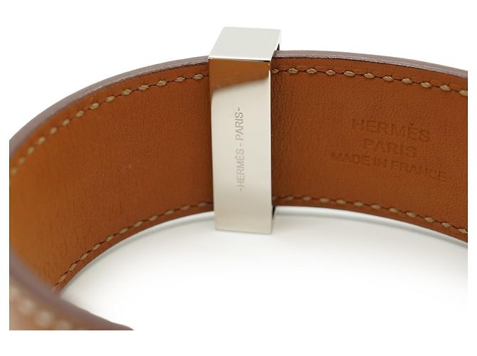 Hermès Bracciale Hermes Collier de Chien 24 in pelle Tan T3 metallo argentato Beige - vista 5