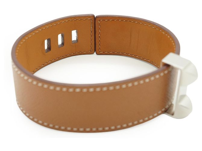Hermès Bracciale Hermes Collier de Chien 24 in pelle Tan T3 metallo argentato Beige - vista 6