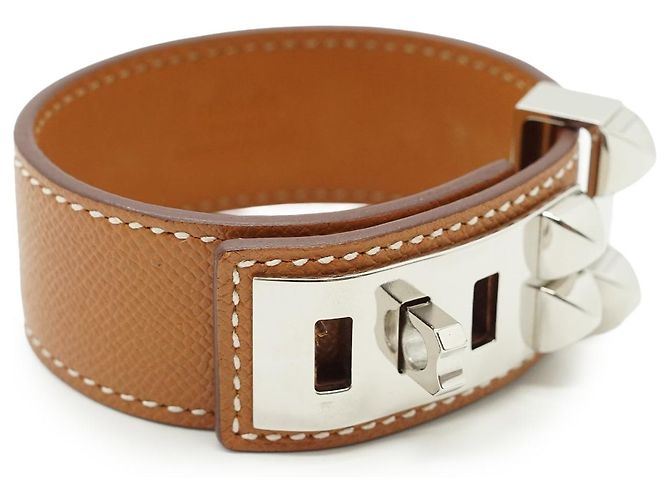 Hermès Bracciale Hermes Collier de Chien 24 in pelle Tan T3 metallo argentato Beige - vista 7